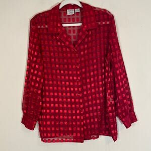 Allison Daley Red Sheer Button Up Blouse Holiday Party Vintage Medium Petite